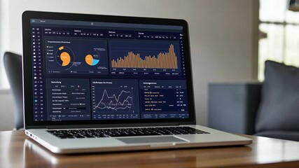 A laptop sits open on a desk displaying charts and graphs, likely showing business data