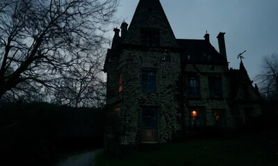 Wall Mural - Large, old house with a dark, ominous atmosphere. The sky is cloudy and the trees are bare. hyperrealistic Video