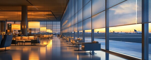 Wall Mural - a modern airport lounge with panoramic windows complemented by automated blinds and mood lighting th