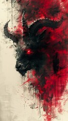 Sticker - Demonic Creature: Dark Art Painting with Red Eyes and Horns