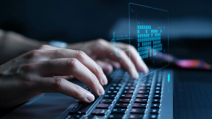 Software development concept - close-up of hands using a keyboard on a digital technology hologram screen. Software engineer and coding programmer 
