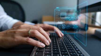 Software development concept - close-up of hands using a keyboard on a digital technology hologram screen. Software engineer and coding programmer 
