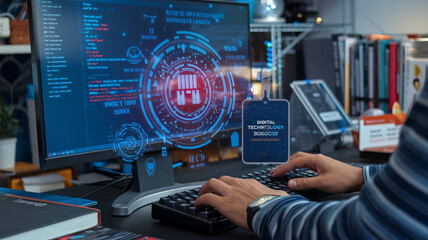 Software development concept - close-up of hands using a keyboard on a digital technology hologram screen. Software engineer and coding programmer 
