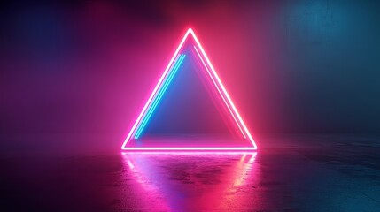 A 3D rendering of an illuminated neon triangle with a radiant glow. Futuristic VJ motion graphics, perfect for club concerts, featuring projection mapping and a high-tech, cutting-edge background.