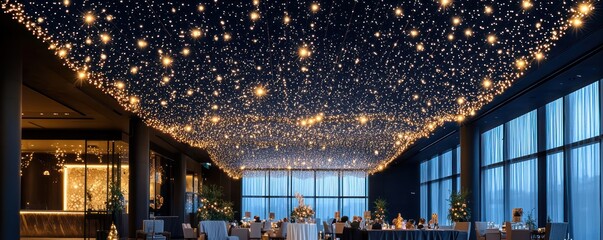 Wall Mural - a modern wedding venue with a ceiling of fairy lights that can be dimmed to mimic a starlit sky, enc