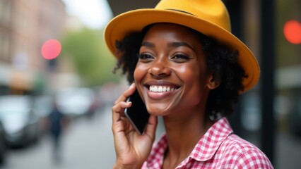 Smiling young African American woman with yellow hat outdoors
One young African American woman, smiling, wearing a yellow hat, holding a smartphone, casual clothing, urban street background, vibrant a