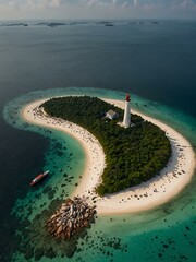 Wall Mural - Aerial view of Belitung beach and Lengkuas Island lighthouse.