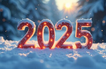 Wall Mural - number 2025 in red illuminated letters covered with snow, placed on a snowy field with snowy trees i