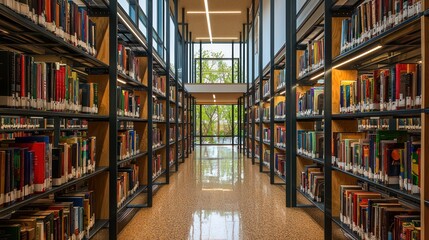 Wall Mural - a public library with natural lighting, recycled metal bookshelves, and floors made of cork