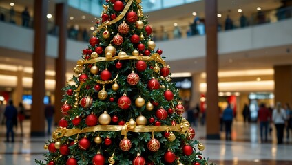 Wall Mural - Beautifully decorated Christmas tree with red and gold ornaments in a mall.