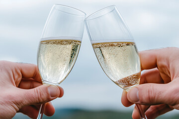 Close-up of two hands holding champagne glasses as they clink together, with bubbles rising in the sparkling wine, symbolizing celebration or toast