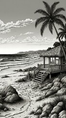 Wall Mural - Black and white beach scene coloring page.