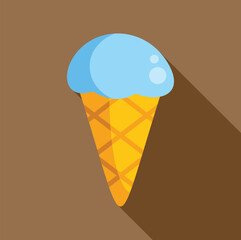 Wall Mural - Minimalist vector illustration featuring a blue ice cream scoop melting in a waffle cone, simple colors and long shadow