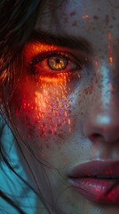 Poster - Close-Up Portrait of a Woman with Glowing Eyes and Skin