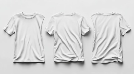 Three white t-shirts on a white background, one front view and two back views.