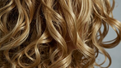 Wall Mural - Blonde hair styled in curls, close-up view with light highlights.