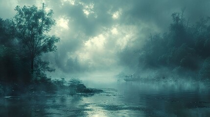 Sticker - Misty River Landscape with Foggy Trees