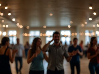 Sticker - Blurred people dancing in a hall with bokeh lights