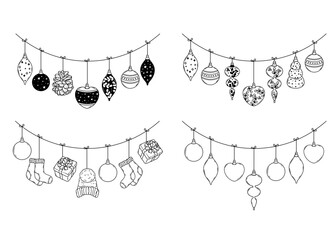 Wall Mural - christmas and new year decor set. vector garland with christmas fir tree decorations. star, ball, ic