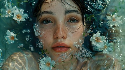 Wall Mural - Woman with Flowers Underwater: A Dreamy Portrait