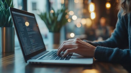 Woman's hands typing on a laptop with code displayed on the screen, sitting in a cafe with a blurred background.