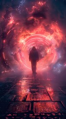 Wall Mural - A Man Walks Towards a Glowing Portal in the Night