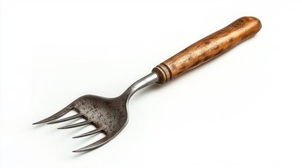 Vintage garden fork with wooden handle on white background rustic tool realistic Generative AI