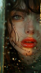 Wall Mural - Close-Up Portrait of a Woman with Wet Hair and Rain Drops