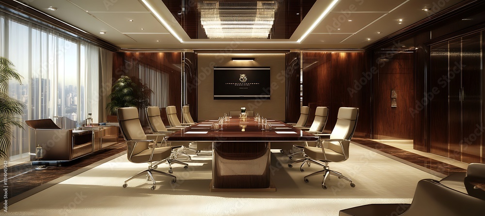 A high-tech conference room with advanced AV equipment, sleek furniture ...