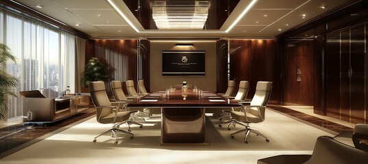 A high-tech conference room with advanced AV equipment, sleek furniture, and modern design