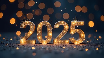 Happy New Year 2025 background, illustration for holiday design with lights and fireworks 