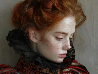 Poster - Portrait of a Red-Haired Woman with Freckles in a Vintage Dress