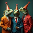 © Makaron - Whimsical and colorful, this image features three lizard-headed characters in suits celebrating a festive occasion. Perfect for creative projects, marketing, or social media.