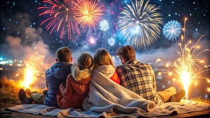 A family enjoys a cozy night under blankets while watching fireworks light up the sky on a festive evening outdoors