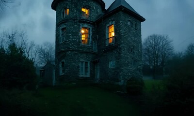 Wall Mural - Creepy old house with a steeple and a dark sky. The house is surrounded by trees and the sky is cloudy. hyperrealistic Video