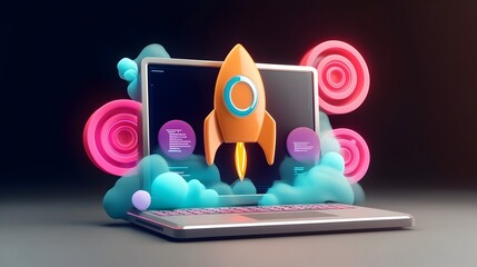 Sleek futuristic 3D rendered startup workspace concept with a rocket inspired laptop device dynamic coding environment filled with vibrant neon blue pink and purple hues and a clean