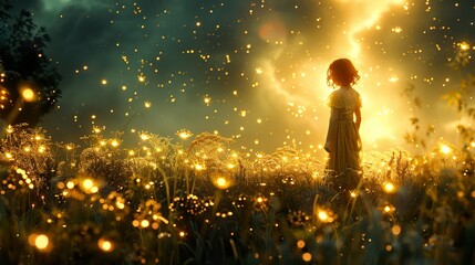 Sticker - Enchanted Field: A Girl Amidst Glowing Flowers