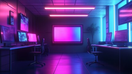 Neon lit office space with a blank screen in the back.