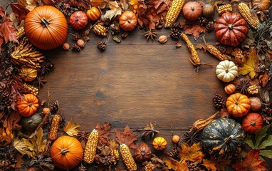 Wooden background surrounded by autumn decorations including pumpkins, leaves, and corn, capturing the essence of fall harvest