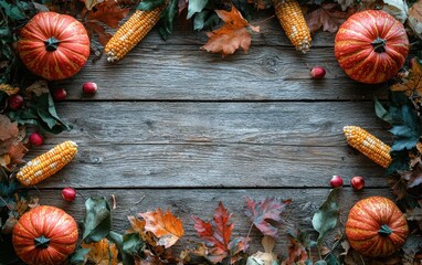 Rustic wooden background with vibrant autumn elements like pumpkins, corn, and leaves creating a seasonal frame