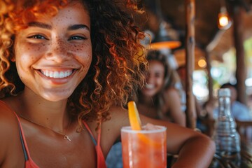 A young woman with curly hair smiles brightly while holding a cocktail with an orange slice. Friends are socializing in the background, enjoying a vibrant atmosphere on a sunny day