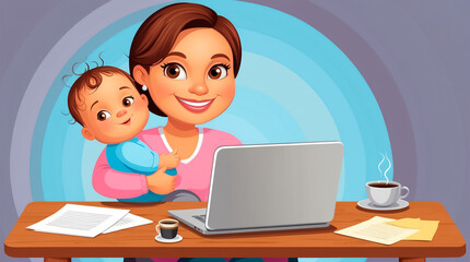 young mother with child works at laptop cartoon style, flat design illustration