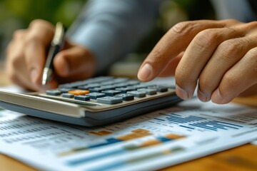 Canvas Print - Close-up of Hands Using a Calculator and Charts