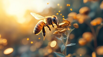 Poster - Bee Collecting Golden Coins in a Sunlit Field