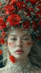 Wall Mural - A Woman Adorned with Red Flowers: A Dreamy Portrait