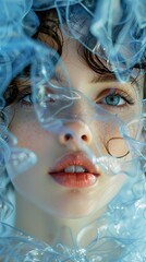 Poster - Close Up Portrait of a Woman with Blue Eyes and Curly Hair