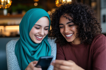 Two friends, one in a turquoise hijab and the other with curly hair, laugh over a smartphone in a warmly lit café, highlighting friendship, joy, and cozy shared moments.