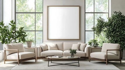 Modern living room with a large beige sofa, two armchairs, glass-top table, greenery by the windows, and an empty frame mockup.