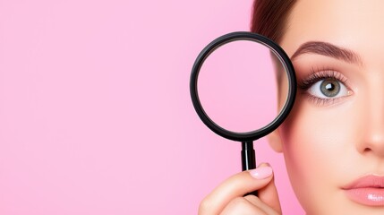 Woman using a magnifying glass to examine her beauty on a pink background.