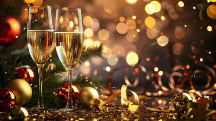 Christmas banner with copy space, two glasses of champagne on dark golden festive background with Christmas tree toys and bokeh